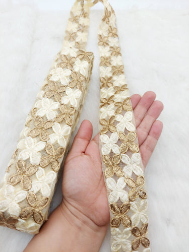 Beige Net Fabric Trim With Gold Embroidery, Floral Embroidery, Available in 6 Colours